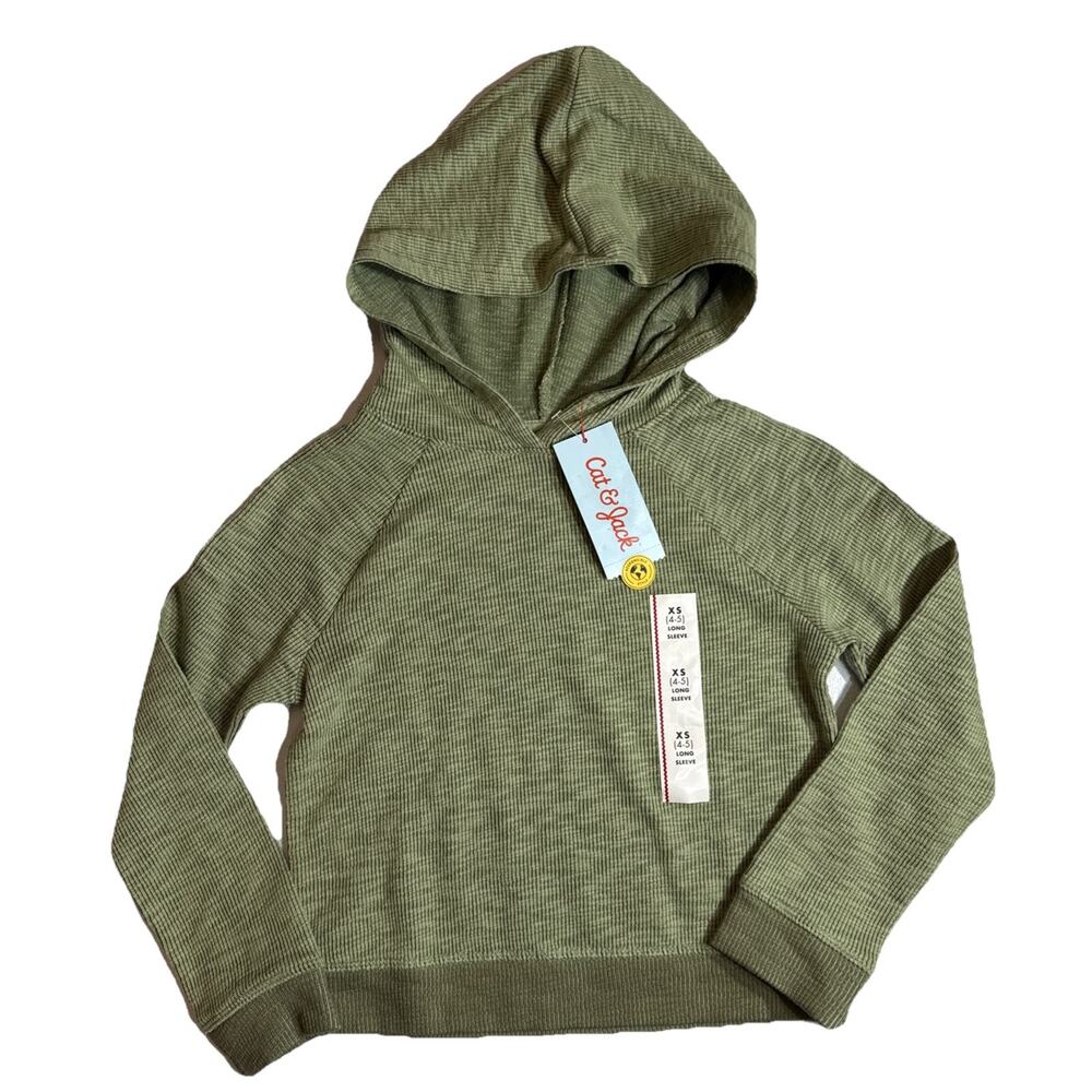 Cat & Jack Girls Size XS (4-5) Olive Green Ribbed Hooded Sweatshirt Pullover
